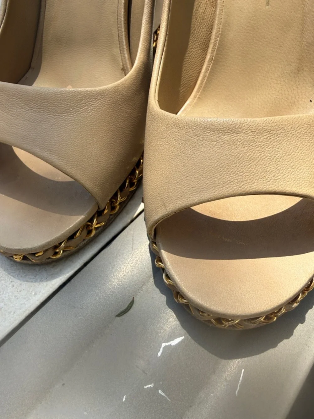 Iconic CHANEL Nude Beige Peep-Toe Platform with Chain Trim Interlocking CC logo